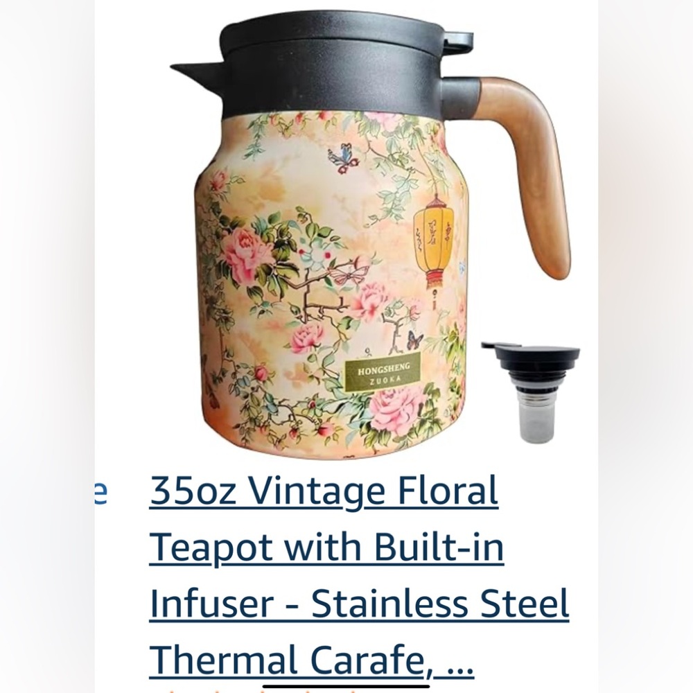 NIB 35oz Floral Thermal Teapot Carafe with Built-In Infuser